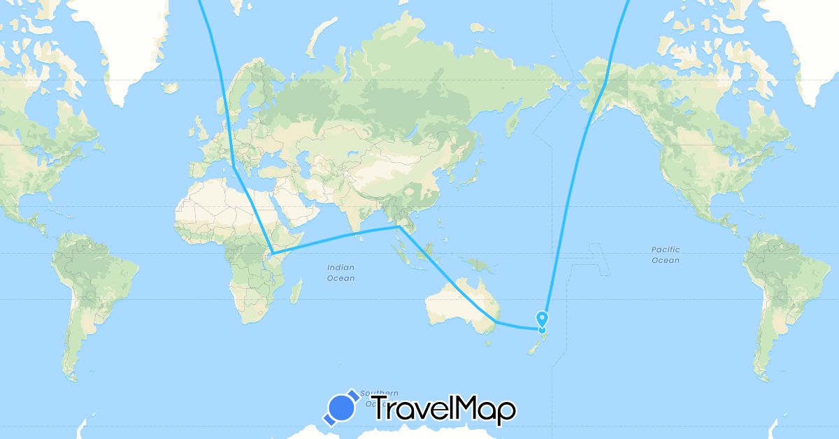 TravelMap itinerary: driving, boat in Australia, Italy, Kenya, New Zealand, Thailand, United States (Africa, Asia, Europe, North America, Oceania)